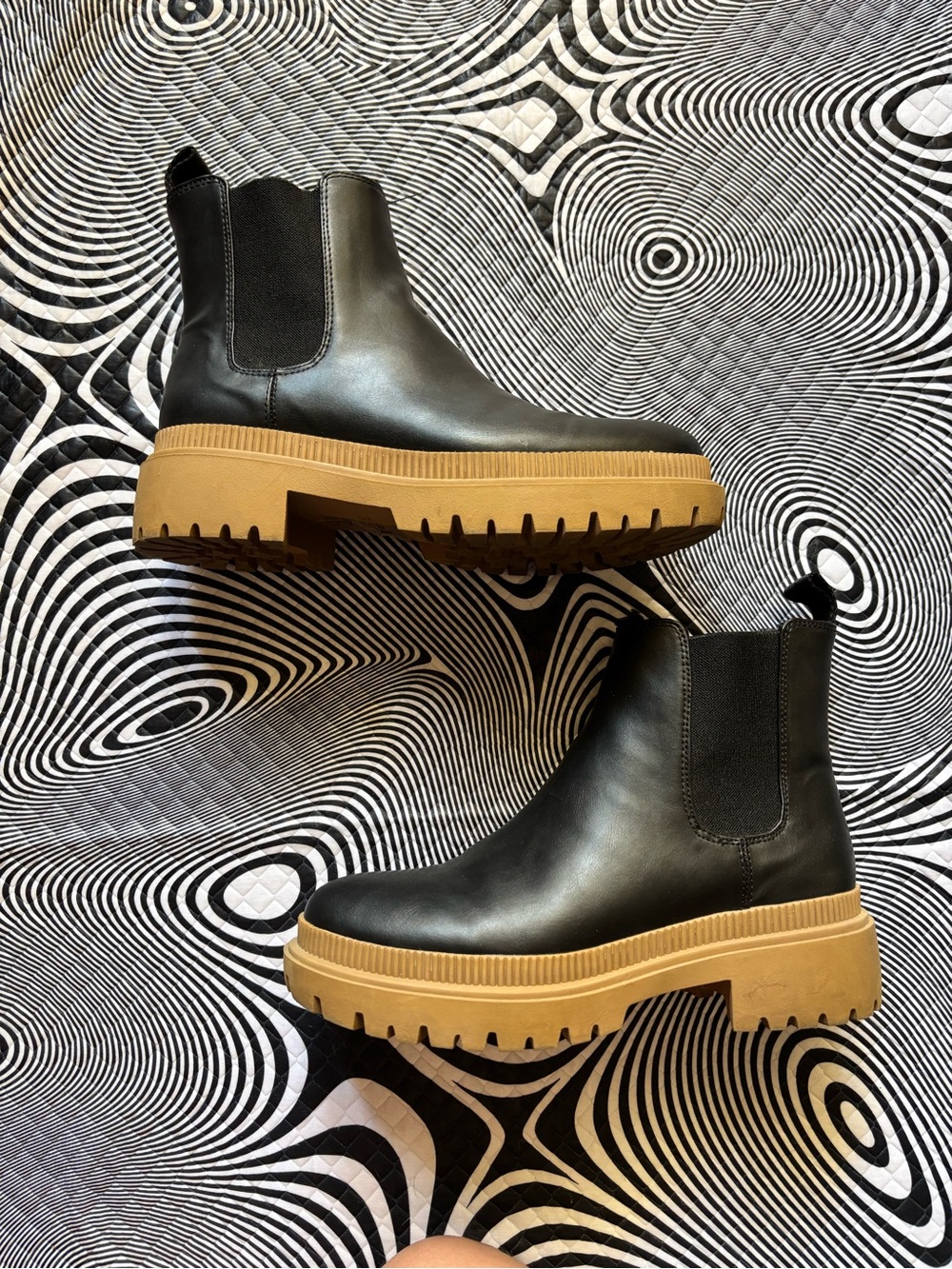 Chunky Chelsea Boots in Black with Tan Lug Sole